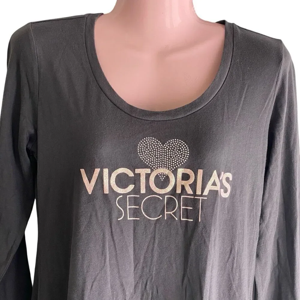 Victoria's Secret Sleepshirt Women's Small Gray Nightgown Logo Bling Cotton Knit